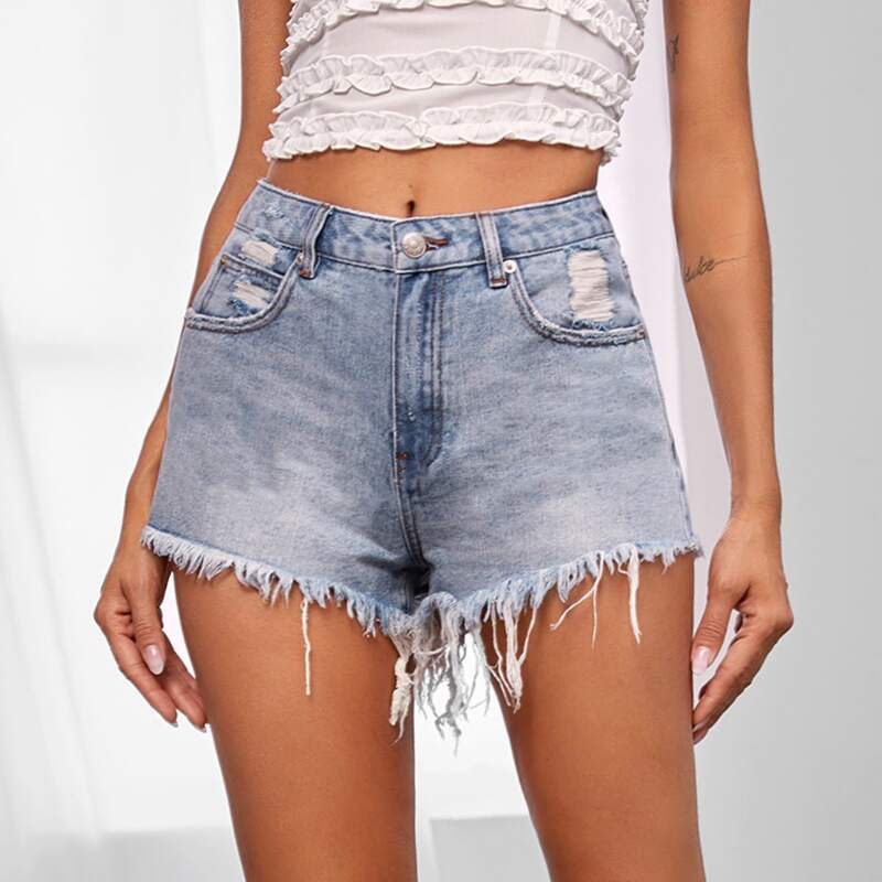 

Raw Hem Ripped Denim Shorts, Blue pastel
