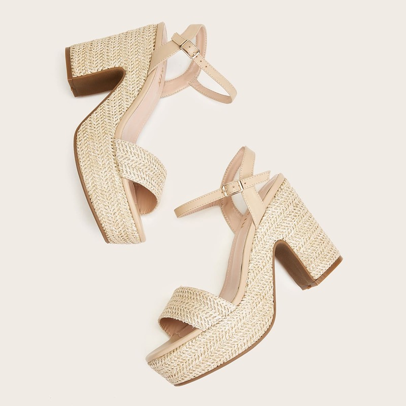 

Braided Open Toe Ankle Strap Chunky Heels, Beige