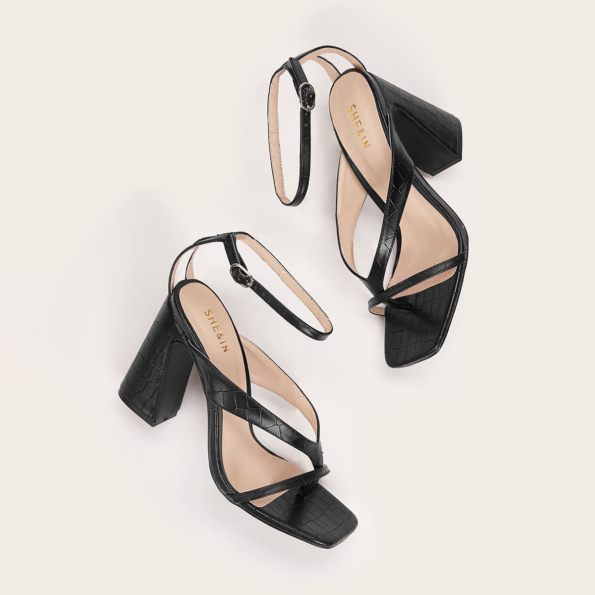

Croc Embossed Chunky Heels, Black