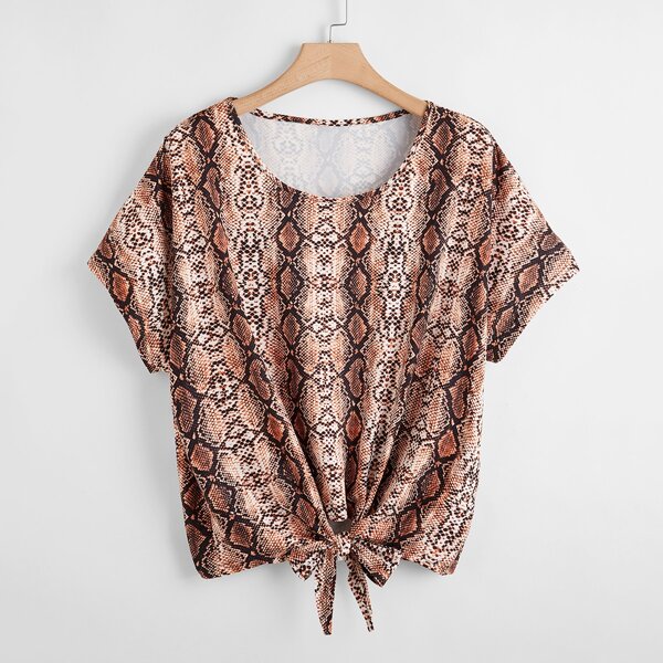 

Plus Knot Hem Snakeskin Print Tee, Multicolor
