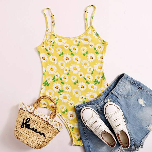 

Allover Floral Print Cami Bodysuit, Yellow