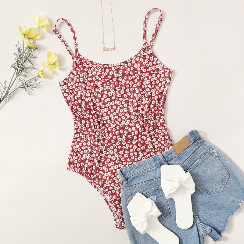

Ditsy Floral Print Cami Bodysuit, Red