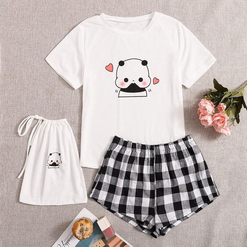 

Cartoon & Gingham Print PJ Set, Black and white