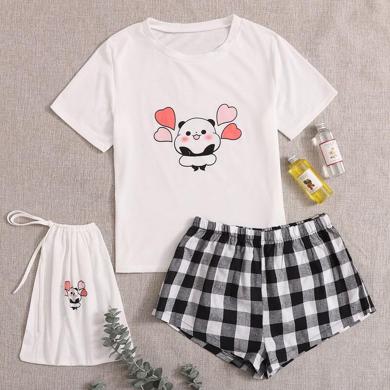 

Cartoon Graphic Tee & Gingham Shorts PJ Set, Black and white