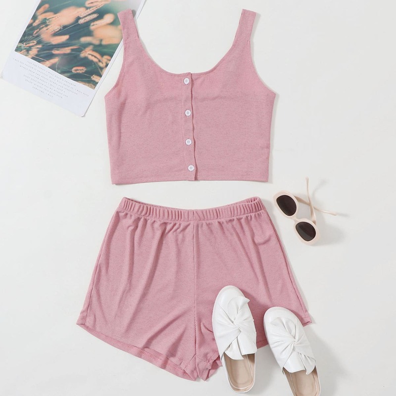 

Button Front Solid Cami PJ Set, Pink