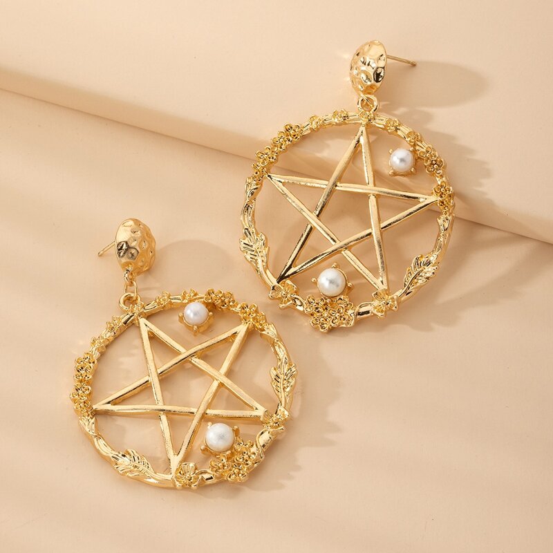 

Round Star Drop Earrings, Gold