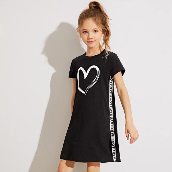 

Girls Letter Tape Side Heart Print Dress, Black