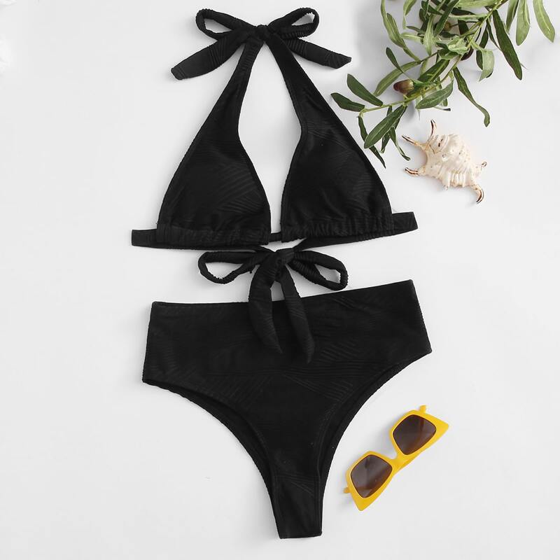 

Textured Halter High Waisted Bikini Swimsuit, Black