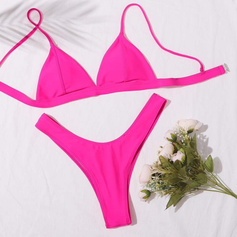 

Triangle High Cut Bikini Swimsuit, Pink bright