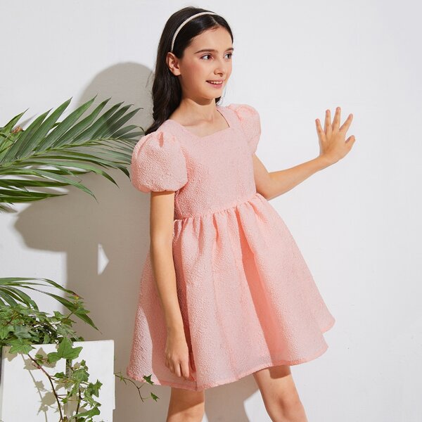 

Girls Puff Sleeve Jacquard Bubble Lattice Dress, Pink