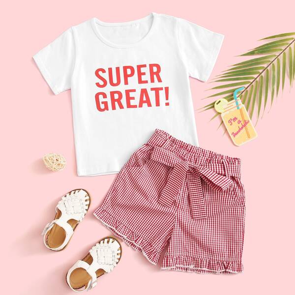

Toddler Girls Slogan Graphic Tee With Gingham Shorts, Multicolor