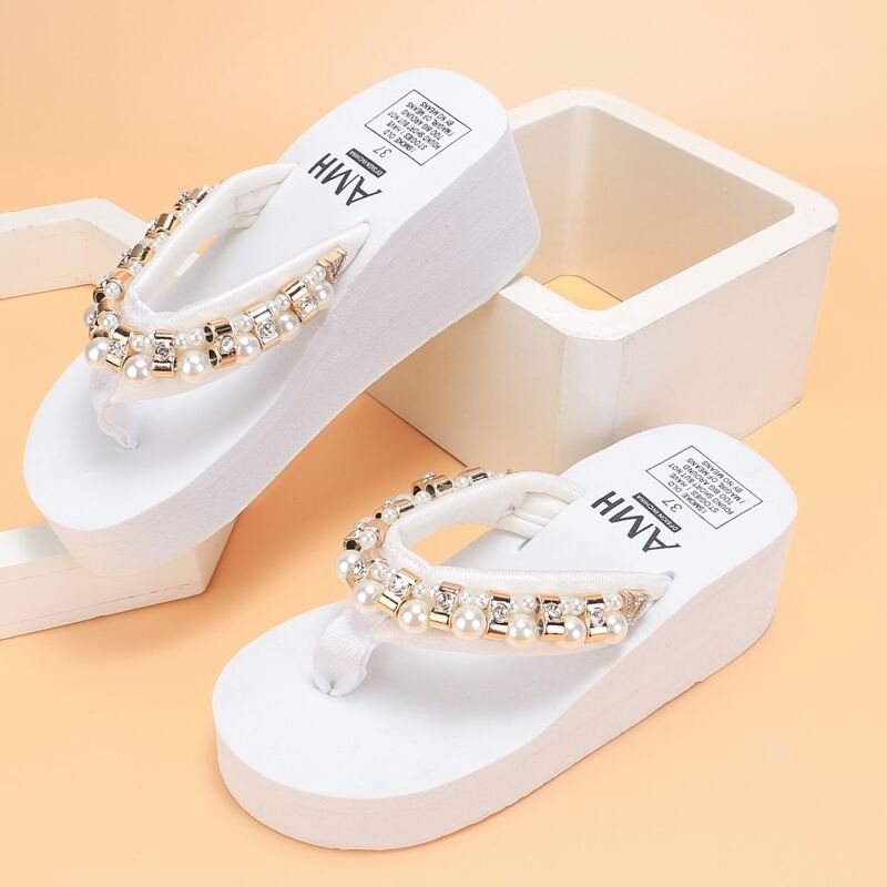 

Faux Pearl Decor Toe Post Wedge Mules, White