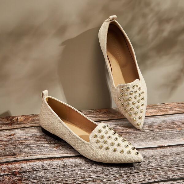 

Point Toe Studded Decor Flats, Beige