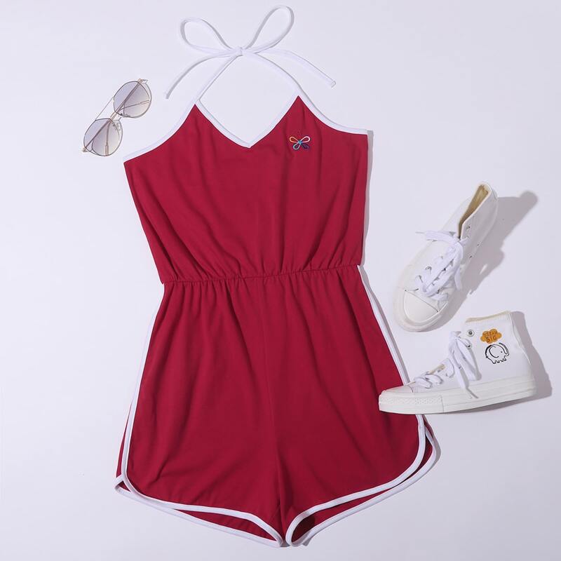 

Flower Embroidery Halter Romper, Red