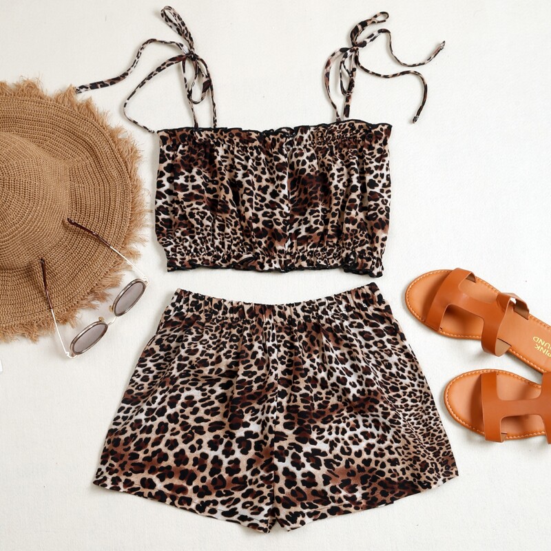 

Leopard Print Tie Shoulder Cami Top With Shorts, Multicolor