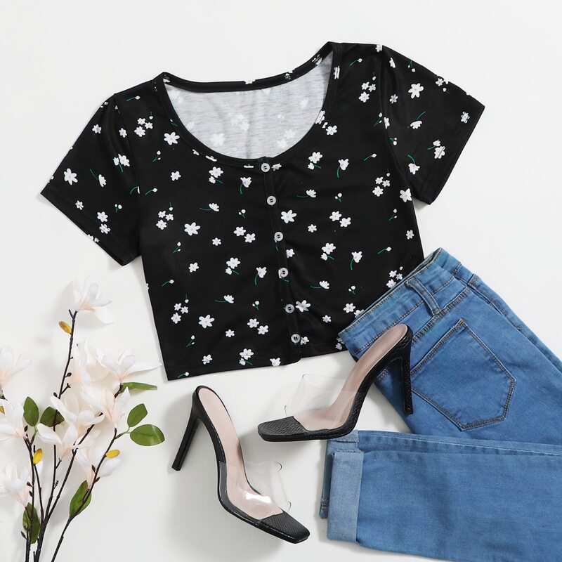 

Floral Button Front Tee, Black