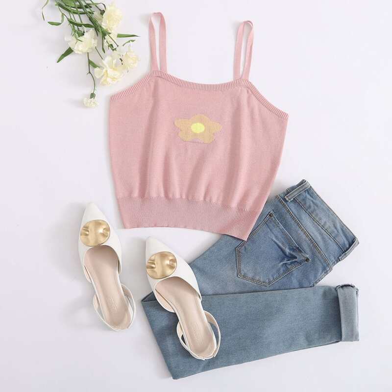 

Floral Crop Knit Top, Pink