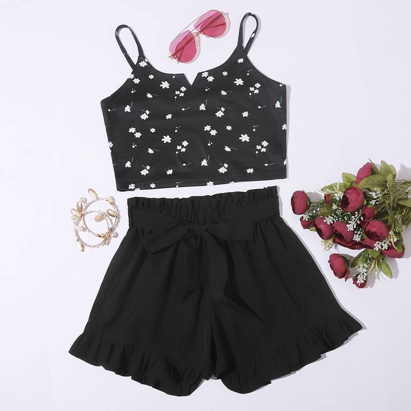 

Ditsy Floral Cami & Belted Shorts, Black