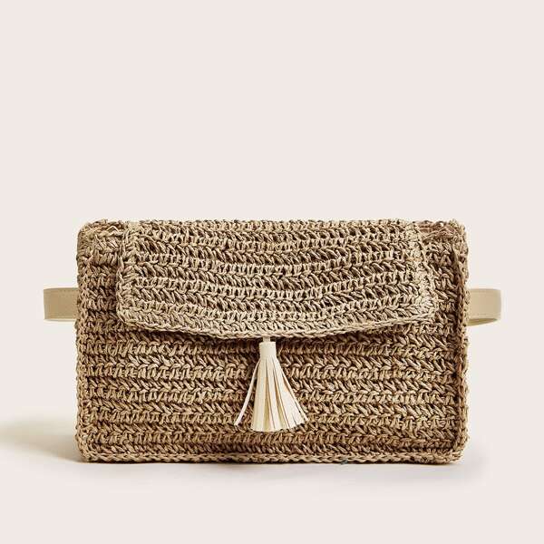 

2pcs Contrast Trim Flap Fanny Pack, Brown