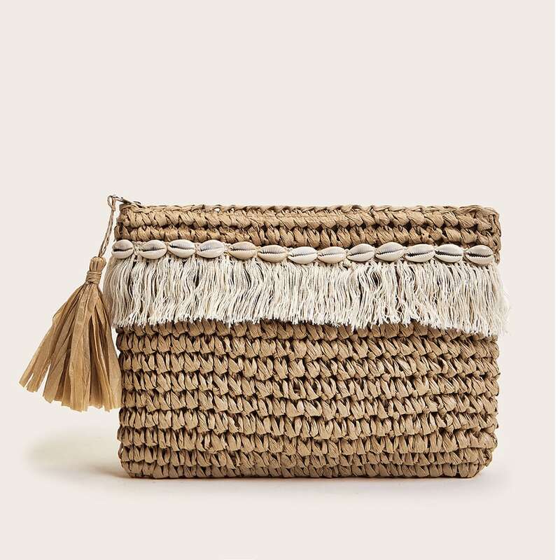 

Tassel Charm Braided Clutch Bag, Multicolor