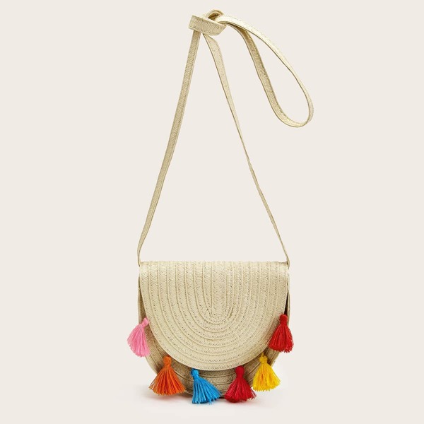

Tassel Charm Flap Braided Crossbody Bag, Beige
