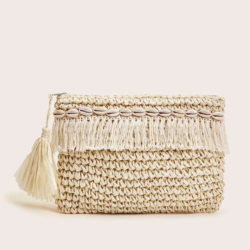 

Tassel & Shell Decor Braided Clutch Bag, Beige