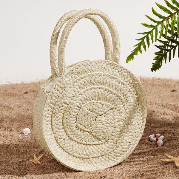 

Braided Round Tote Bag, Beige