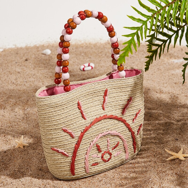 

Beaded Handle Embroidered Detail Satchel Bag, Beige