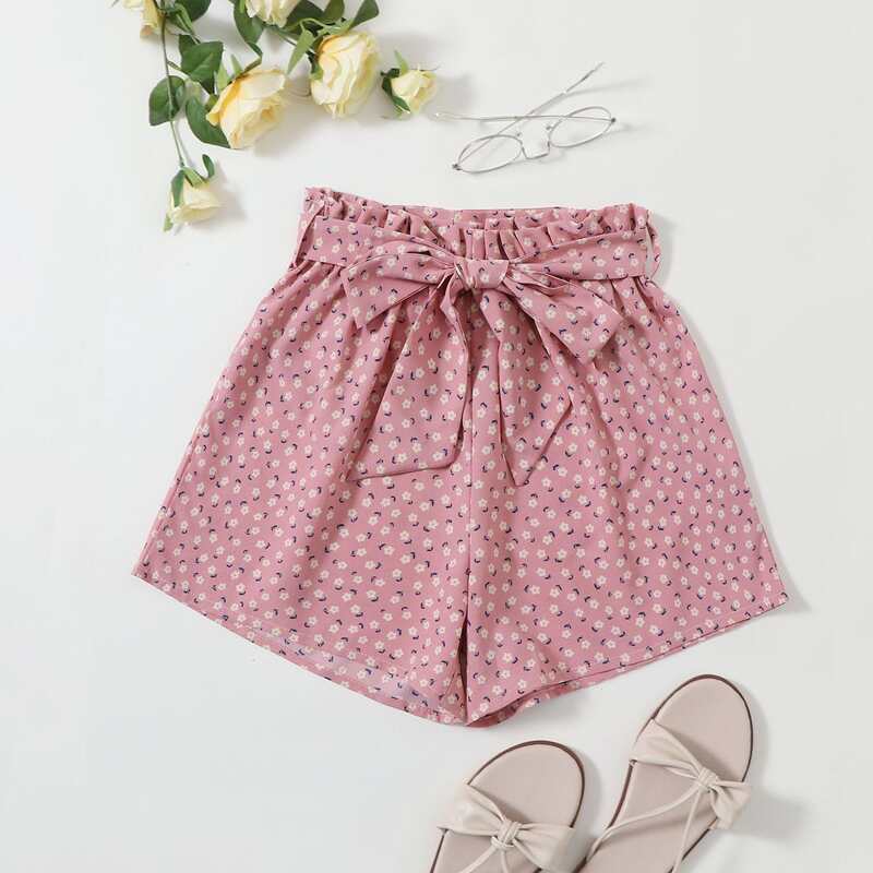 

Paperbag Waist Ditsy Floral Belted Shorts, Pink