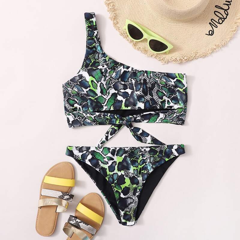 

Snakeskin Knot Front One Shoulder Bikini Swimsuit, Multicolor