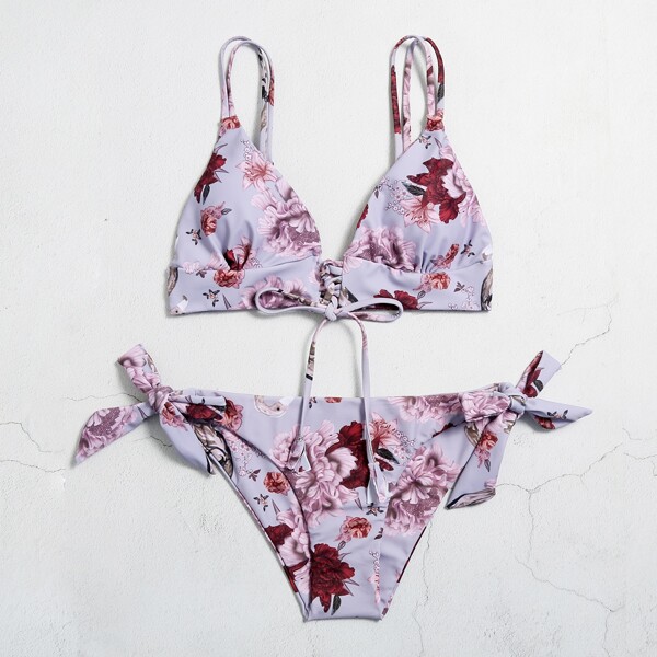 

Floral Triangle Tie Side Bikini Swimsuit, Multicolor
