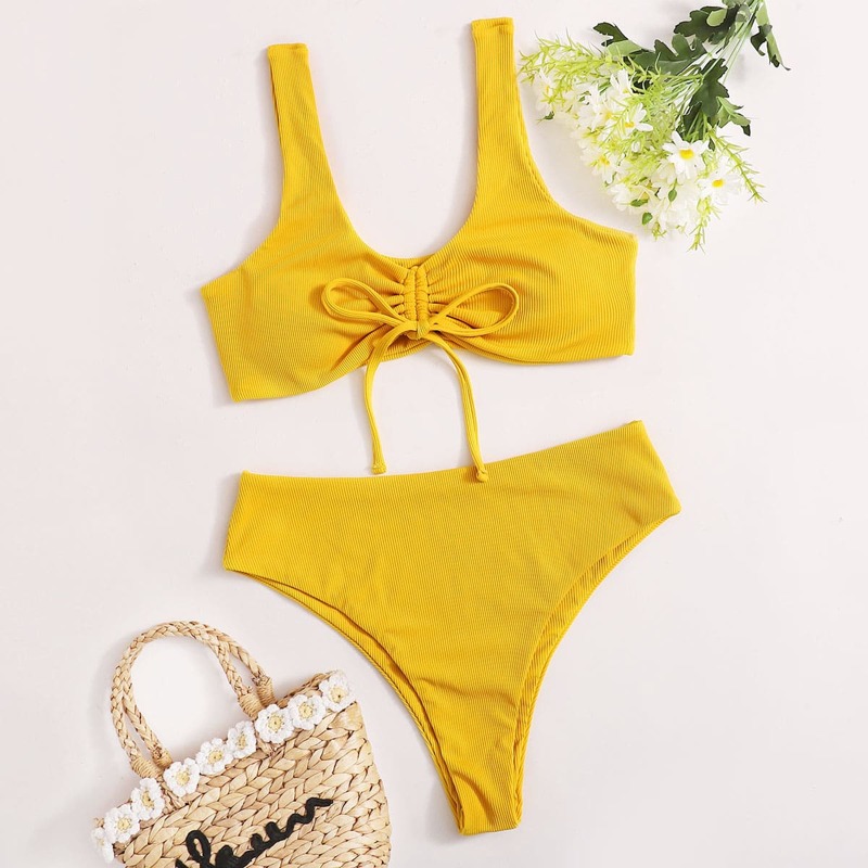 

Rib Drawstring High Waisted Bikini Swimsuit, Yellow