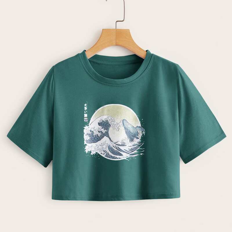 

Wave Graphic Crop Tee, Green