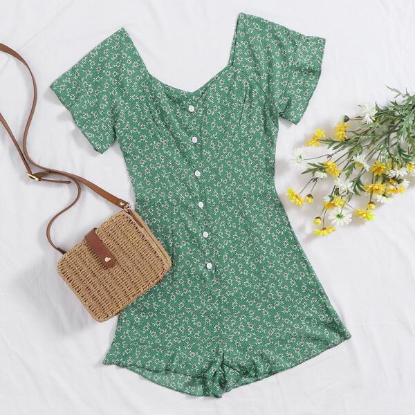 

Button Front Ruffle Ditsy Floral Romper, Grey
