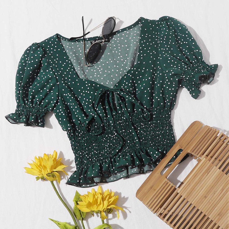 

Ruffle Trim Shirred Polka-dot Print Top, Green