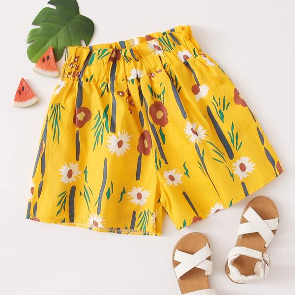 

Toddler Girls Floral Print Paperbag Waist Shorts, Yellow
