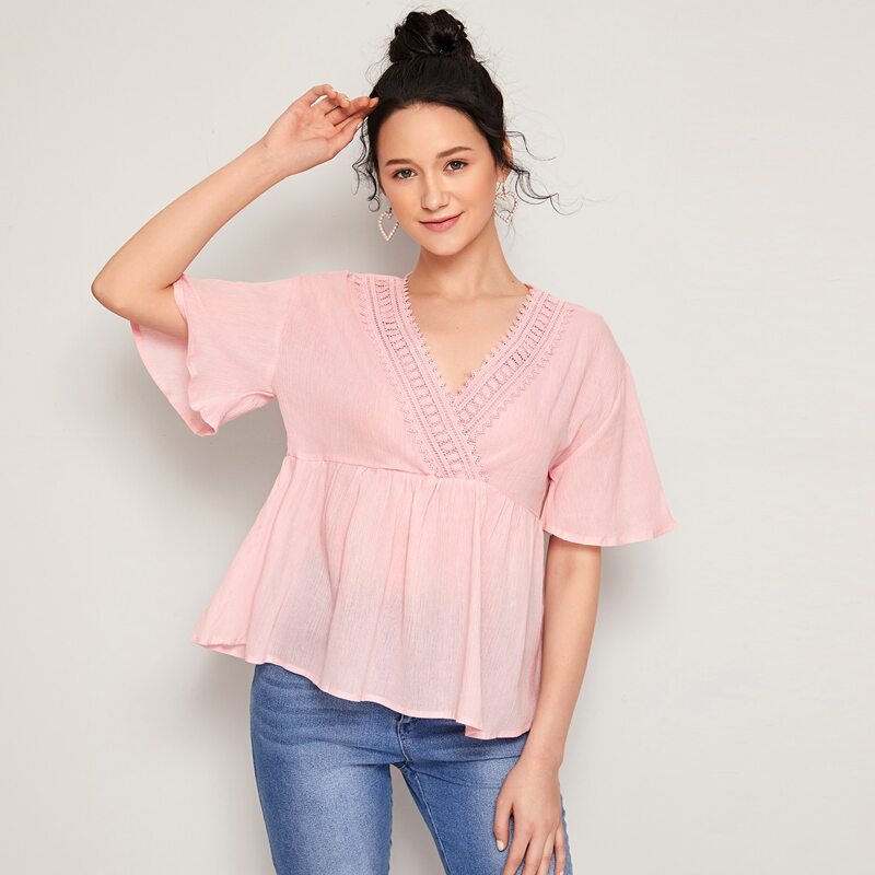 

Lace Trim Pink Peplum Blouse