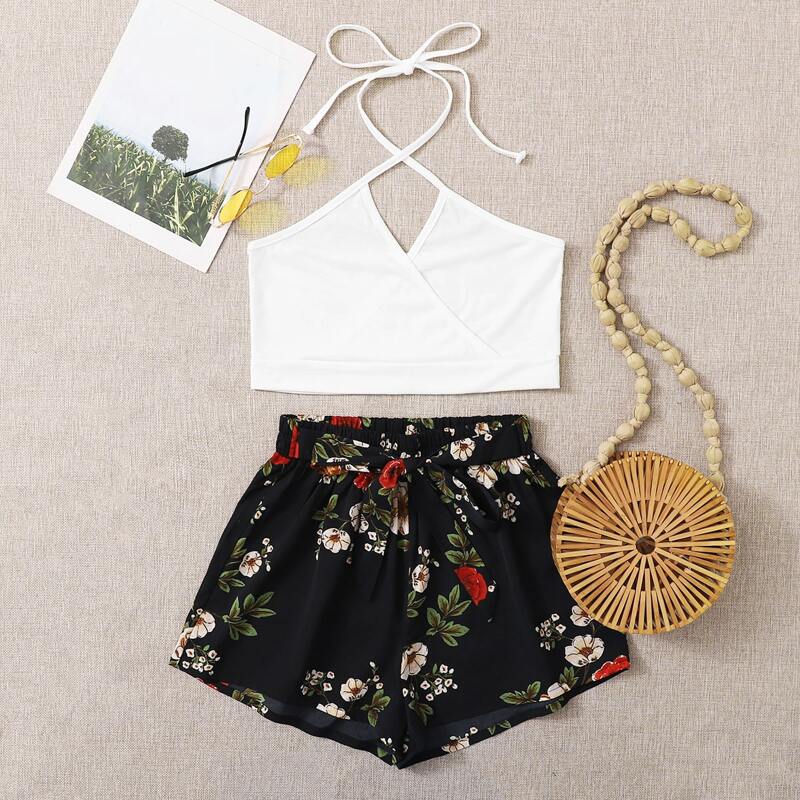 

Wrap Halter Top & Floral Tie Front Shorts, Multicolor