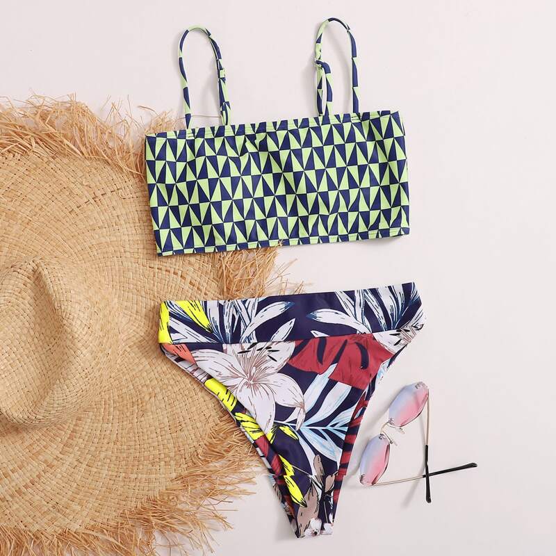 

Geo & Floral High Waisted Bikini Swimsuit, Multicolor