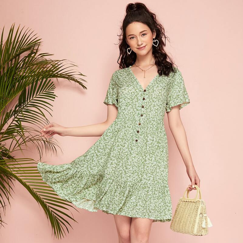 

Ditsy Floral Button Front Dress, Lime green