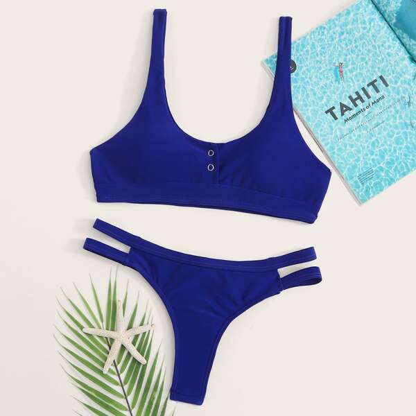 

Cut-out Thong Bikini Swimsuit, Blue
