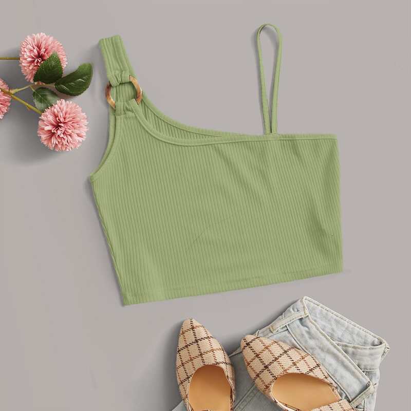 

Ribbed Asymmetrical Neck Crop Top, Green