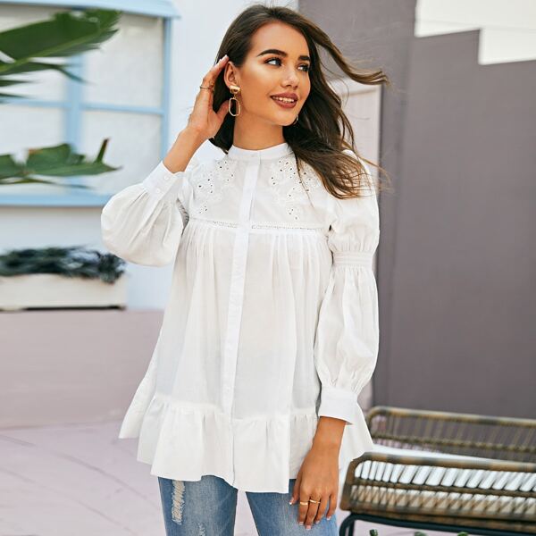 

Embroidered Button Through Babydoll Blouse, White