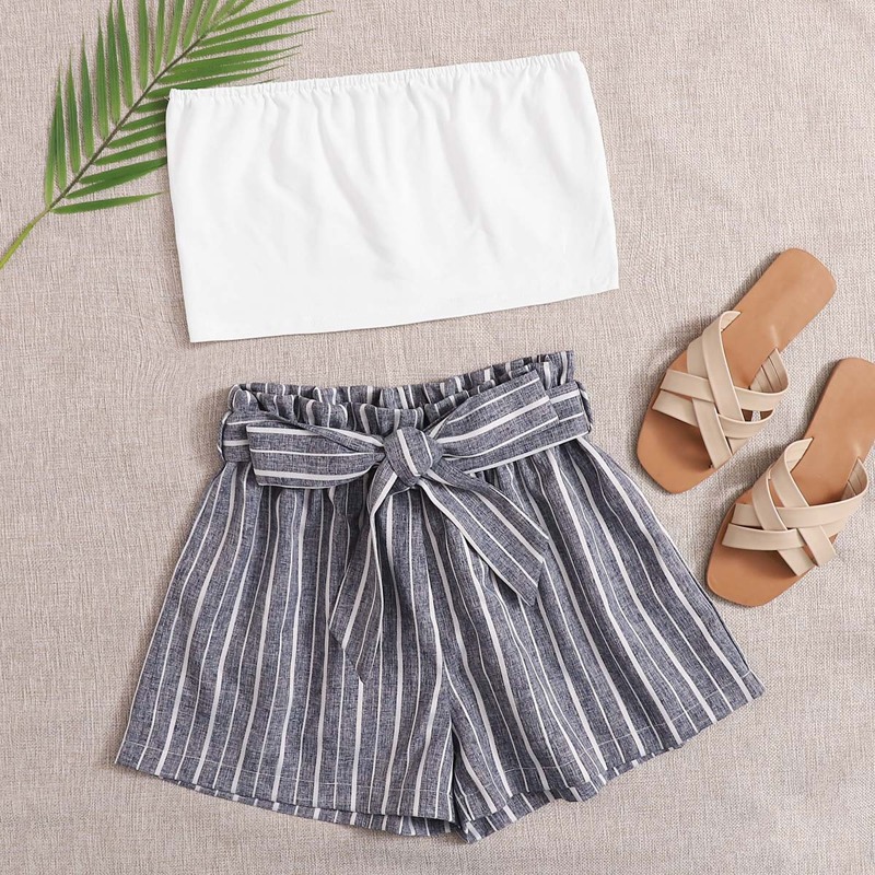 

White Tube Top & Striped Belted Shorts, Multicolor