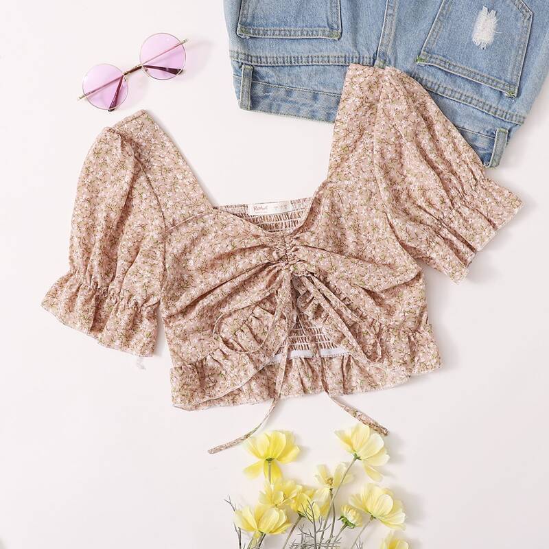 

Ditsy Floral Drawstring Crop Blouse, Pink