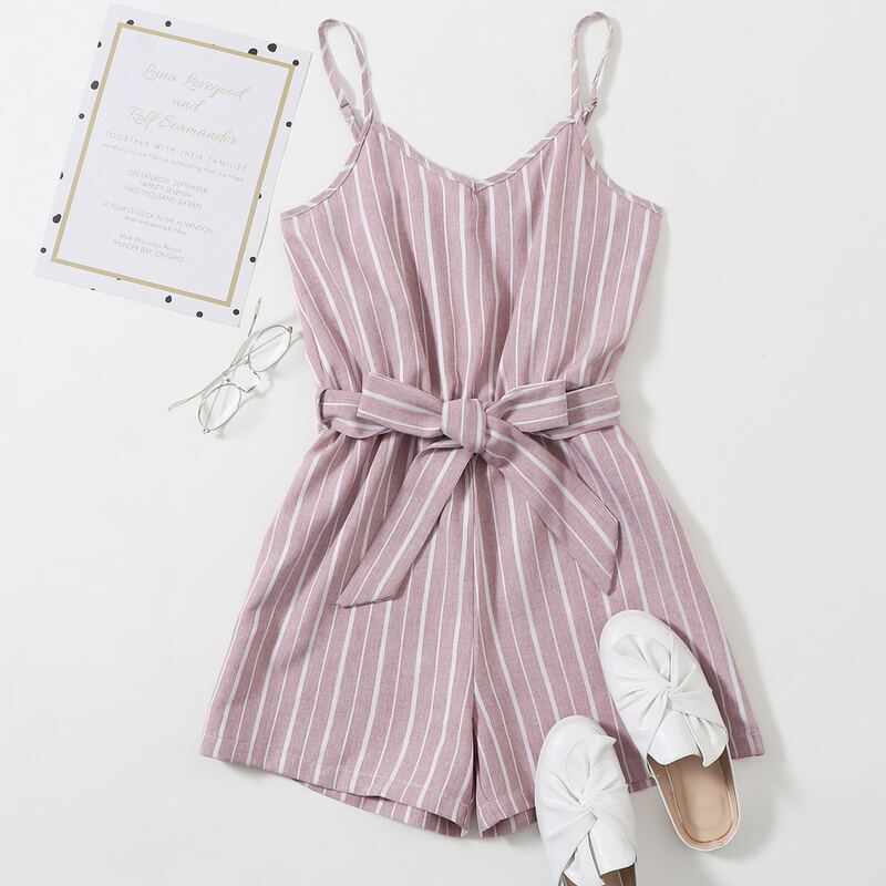 

Striped Belted Cami Romper, Dusty pink