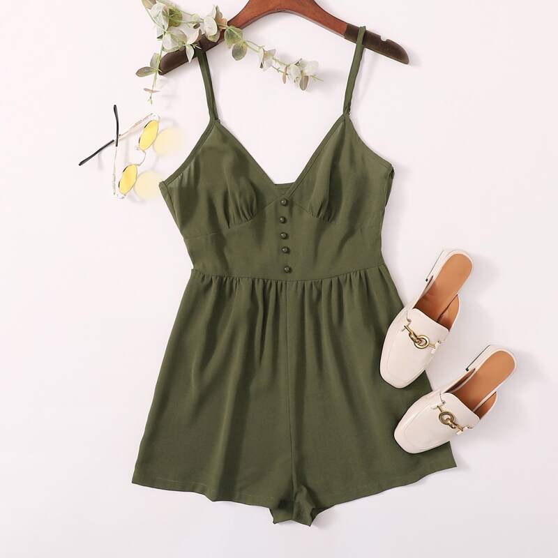 

Button Front Solid Cami Romper, Army green