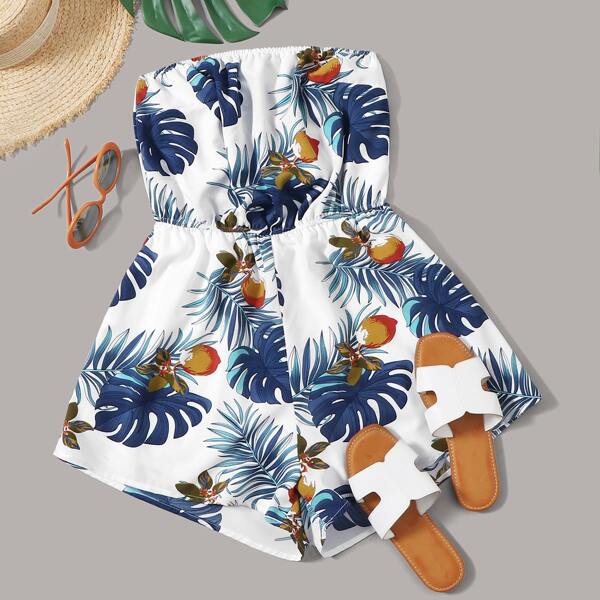 

Tropical Print Tube Romper, White