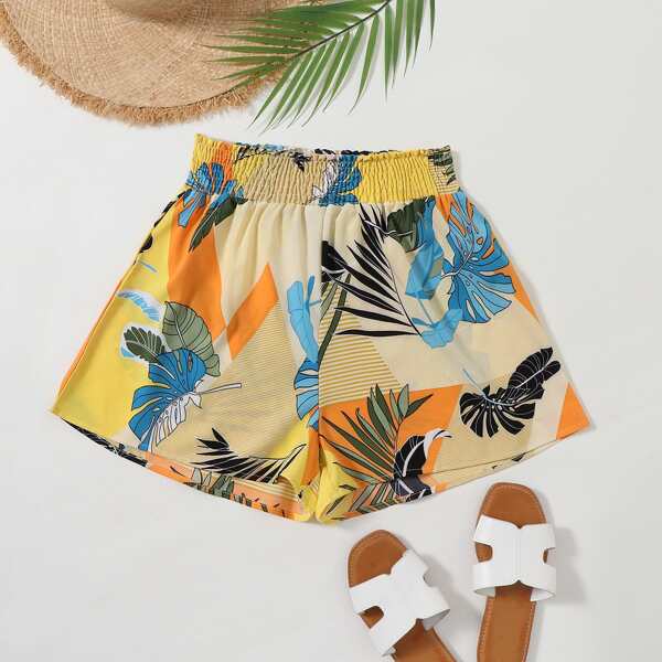 

Tropical & Stripe Print Wide Leg Shorts, Multicolor