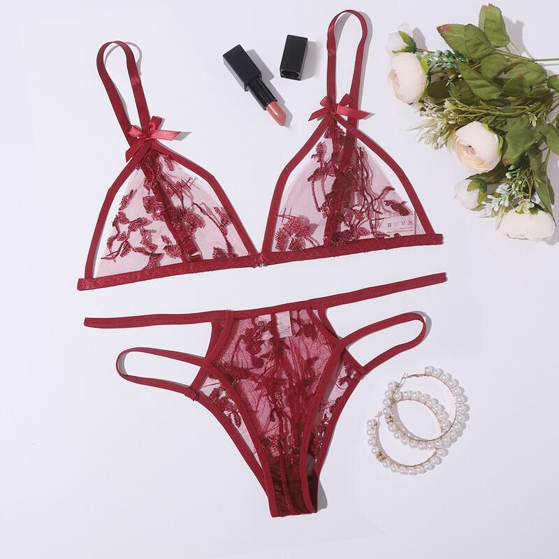 

Floral Embroidered Mesh Lingerie Set, Red
